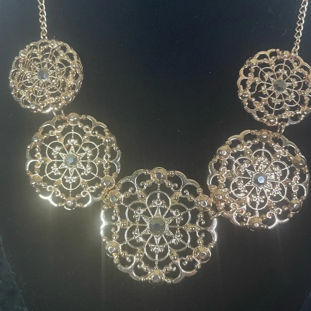 Rose-tone Gold 5 Disc Medallion Necklace Rhinestones 16” + 3” Extension